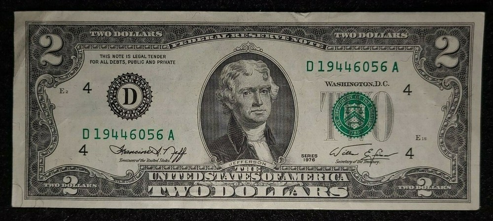 1976 $2 note alignment Shift over-inking error AU [almost uncirculated]  folds