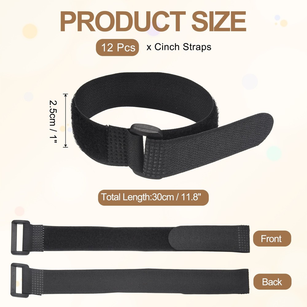 12pcs Reusable Cinch Straps 1"x11.8" Hook and Loop Cable Securing Straps, Black
