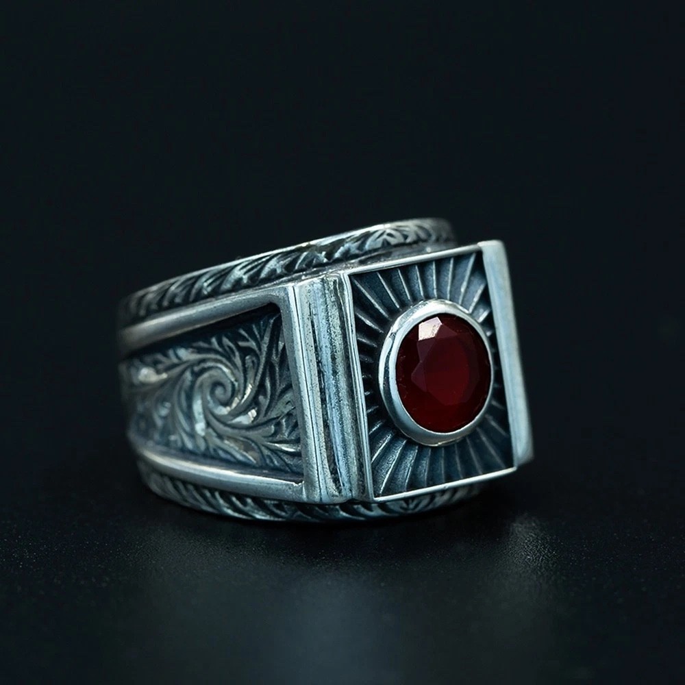 925 Men's Red Ruby Gemstone Handmade Engraved Sterling Silver Ring