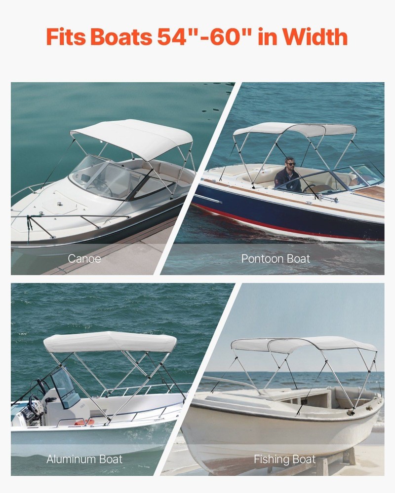 3-Bow Bimini Top: 600D Polyester, Aluminum Frame, Waterproof & Sun Shade