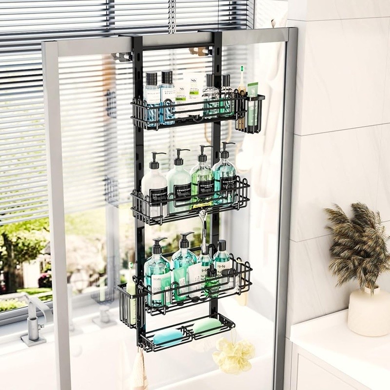 Adjustable Shower Caddy Organizer Stainless Steel 4-Tier Rack W/ Hooks & Holders