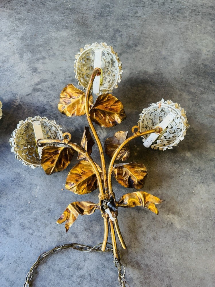 1950s Hydrangea Wall Light Sconces Italian Tole white enamel hydrangeas Pair