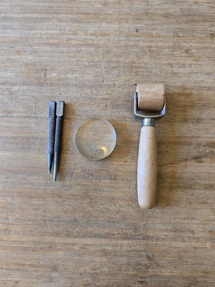 Vintage Small Tool- Punches- Roller + Magnifying Lens - Tool lot
