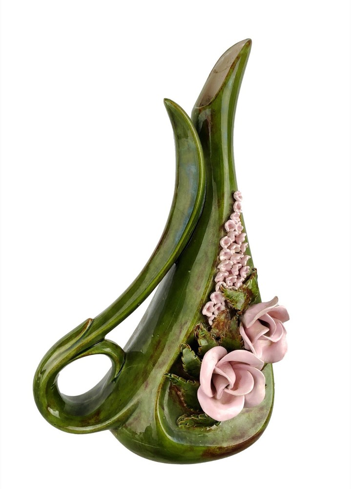 Vtg Ceramic Double Loop Handle Pitcher 12.5" Green w/ Applied Pink Flowers