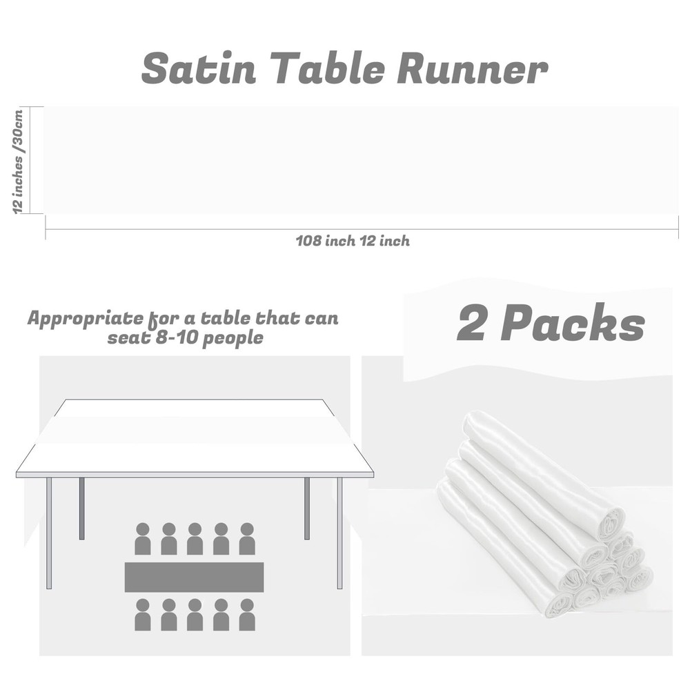 2 Pack White Table Runners 12 x 108 Inch Rectangular Smooth Satin Silk Table ...