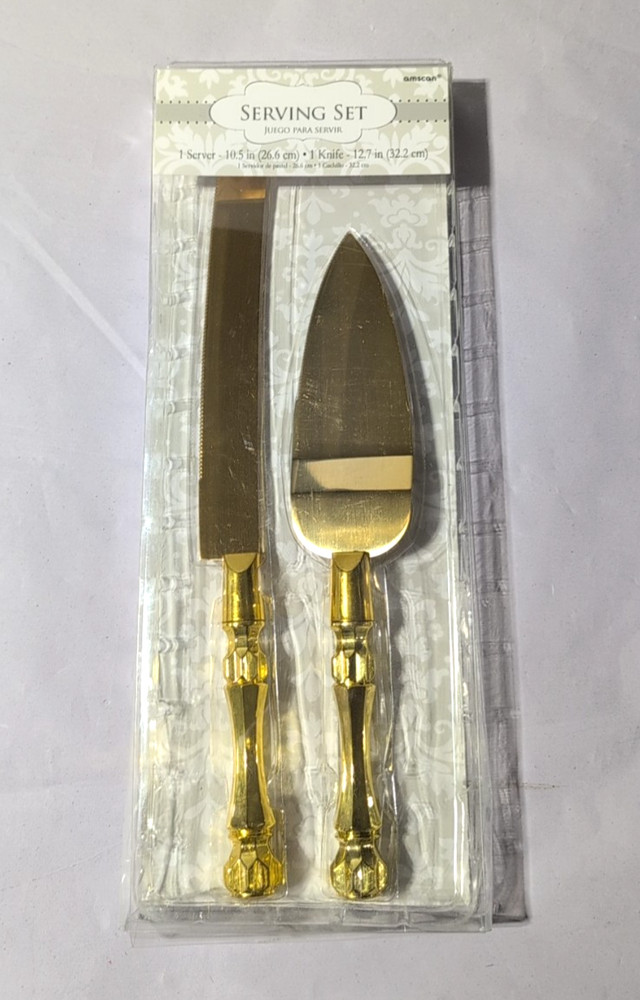AMSCAN GOLD WEDDING / ANNIVERSARY CAKE SERVER / KNIFE SET - NEW