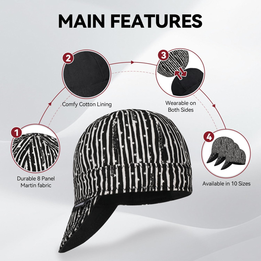Reversible Welding Cap, 8 Panel Protective Welders Cap, 10 Oz Fireproof Cotton C