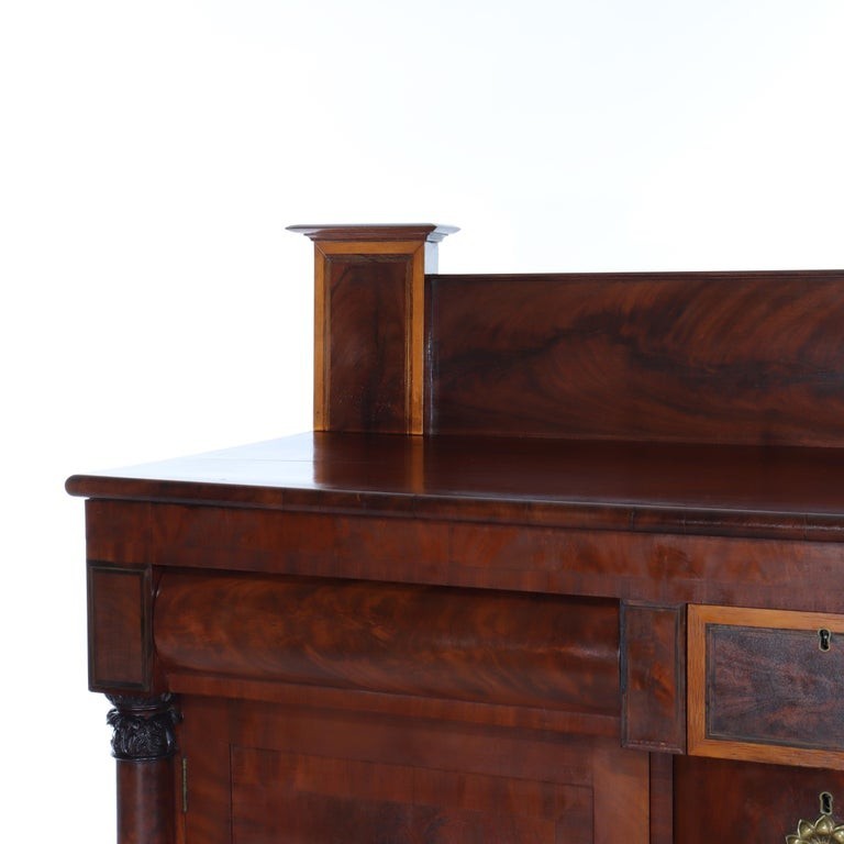Antique American Empire Classical Flame Mahogany Sideboard, Bronze Pulls, c1840