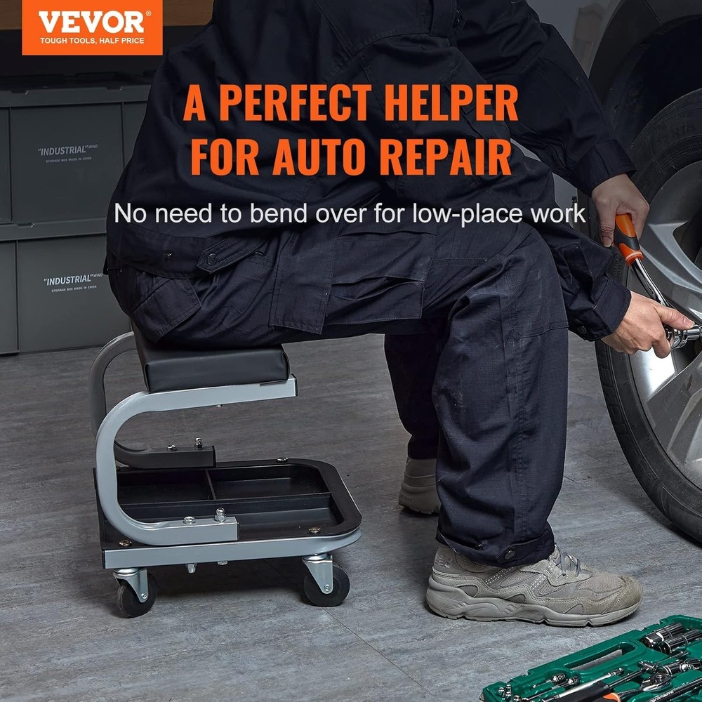 Shop Seat, 250 LBS Capacity Padded Rolling Workshop Stool with Tool Tray Stor...
