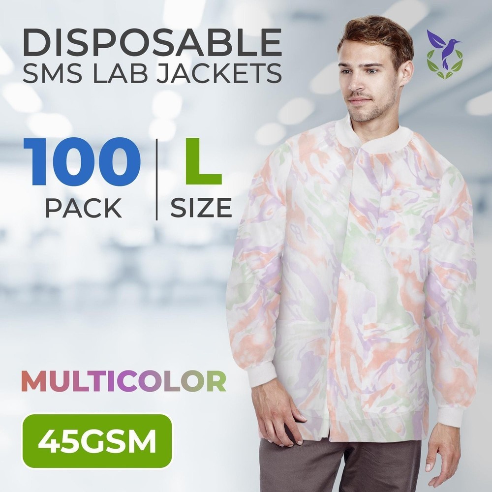 Multicolor Disposable Lab Jackets SMS Snap Front 3 Pockets 100 Count Large