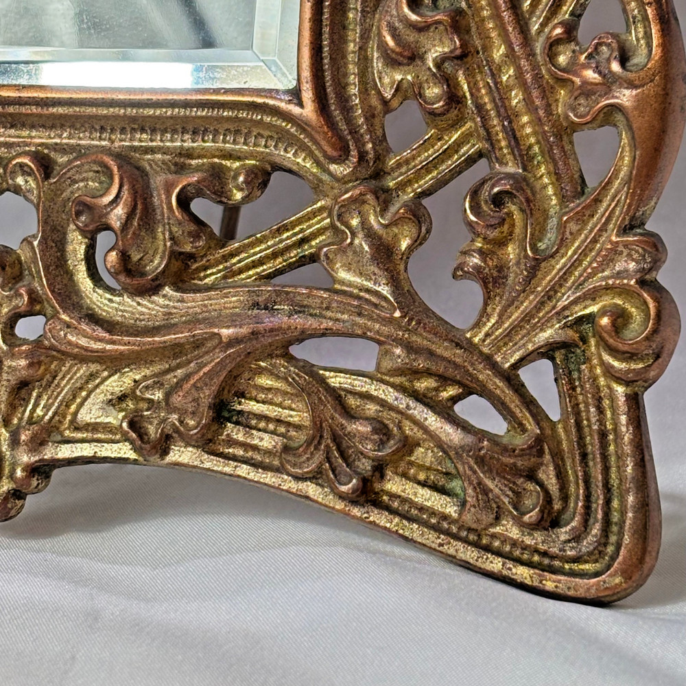 Antique Brass Frame Rococo Style Mirror Table Top Bevel Edge Easel Back