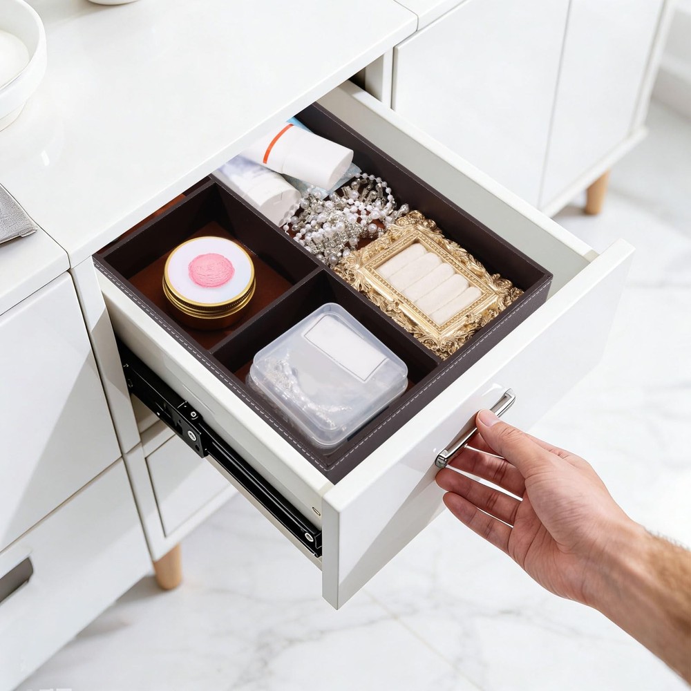 2 Pcs Desk Drawer Organizer 4 Grid PU Leather Drawer Storage Organizer Multi-...