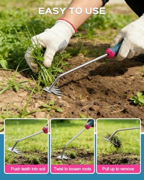 2026 Upgraded Weed Puller Tool, 4 Teeth Hand Weeder Tool 4 Teeth weed digger