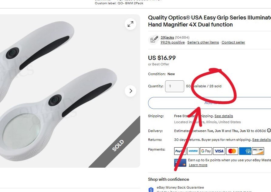 2 pack Quality Optics® USA Easy Grip Illuminated Hand Magnifier 4X Dual function