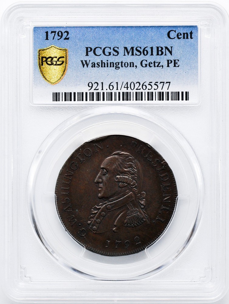 1792 WASH GETZ, SM EAGLE CENT PCGS MS 61 BN