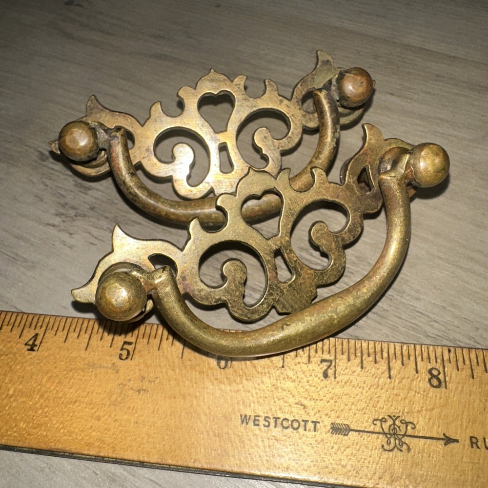 Antique Brass Drop Handle Drawer Cabinet Pulls. Nice Patina & Details Elegant!