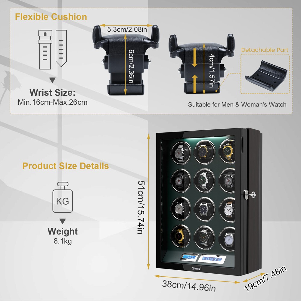 DUKWIN Automatic 12 Watch Winder Display Case Box LCD Touch Screen Display LED