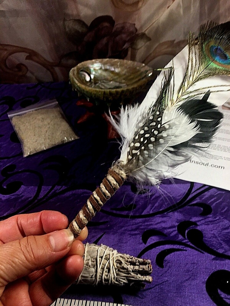 DELUXE SMUDGE KIT ABALONE SHELL STAND SAND SAGE FEATHER CLEANSING CLEARING