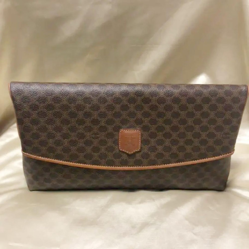 CELINE Old Macadam Pattern Clutch Bag Brown Leather Vintage Authentic