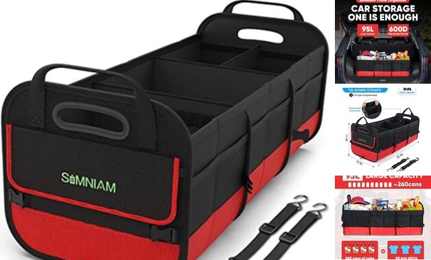 Simniam Large Trunk Organizer for Car, Foldable Multi Compartment Medium Red