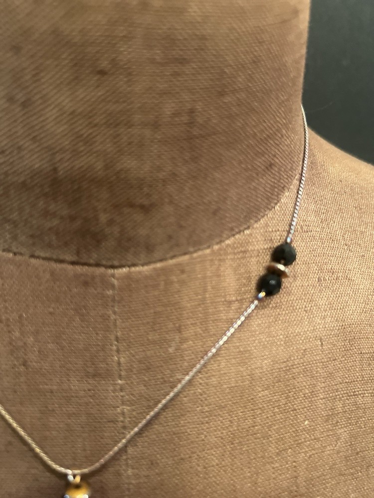 1960s Black Onyx Bead Statement 9" Drop Necklace Silvertone