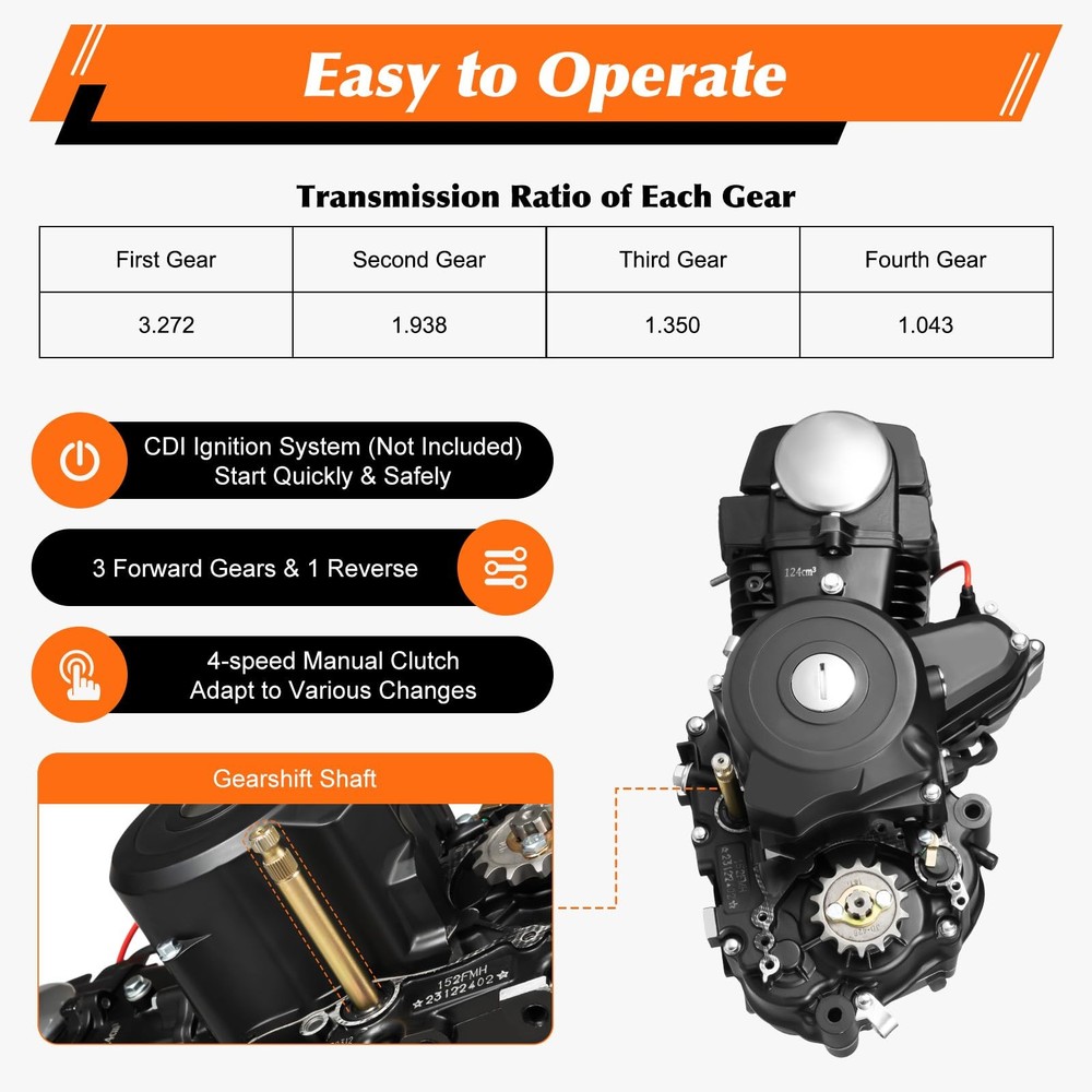 125cc ATV Engine 3 Forward 1 Reverse Gearbox 4 Stroke Air Cooled for ATV UTV