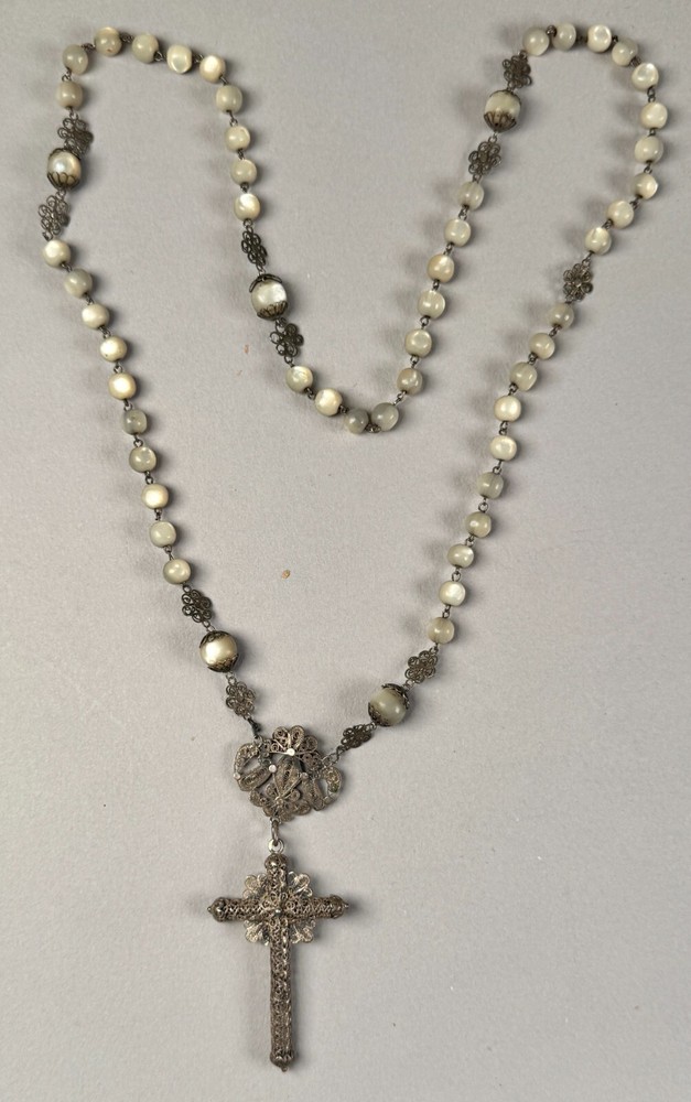 Antique MOP Balamuti Bead Rosary Filigree Silver Cross Crucifix Pendant Necklace