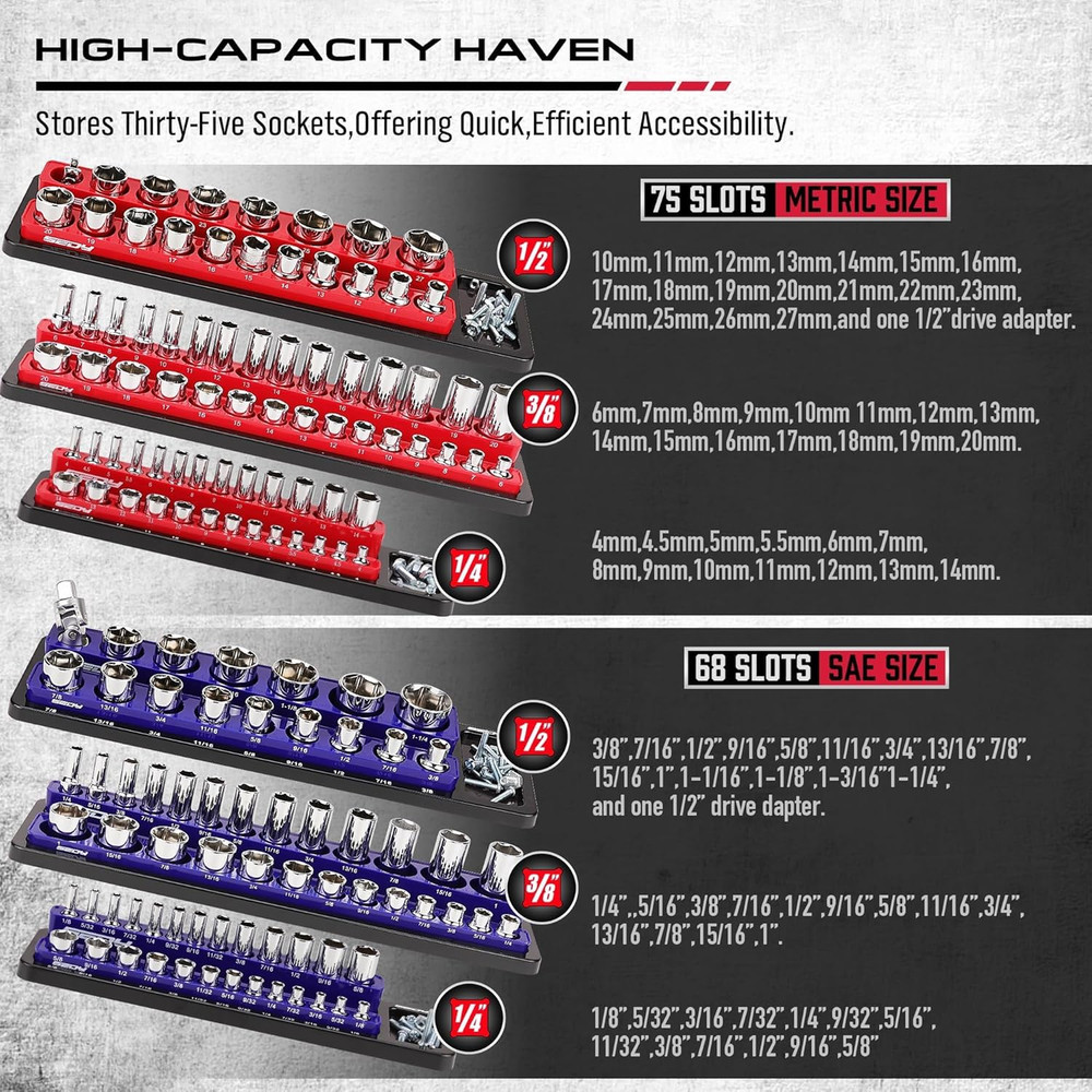 6-Piece Magnetic Socket Organizer Set for Easy Tool Box Storage