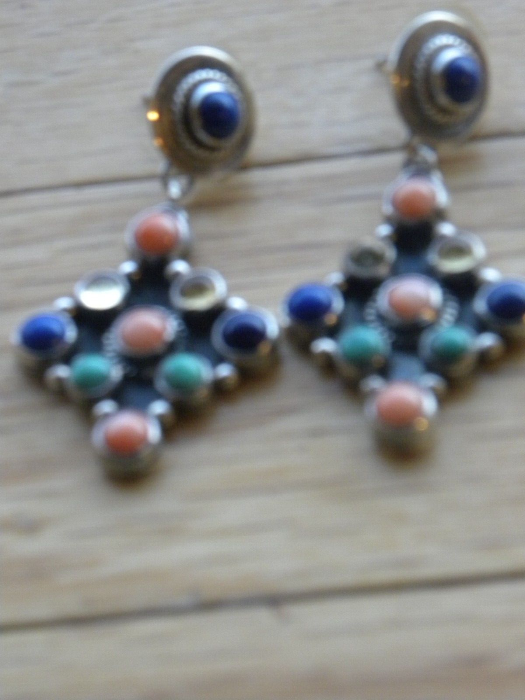 NAKAI GEMSTONE STERLING SILVER EARRINGS 2-1/4"