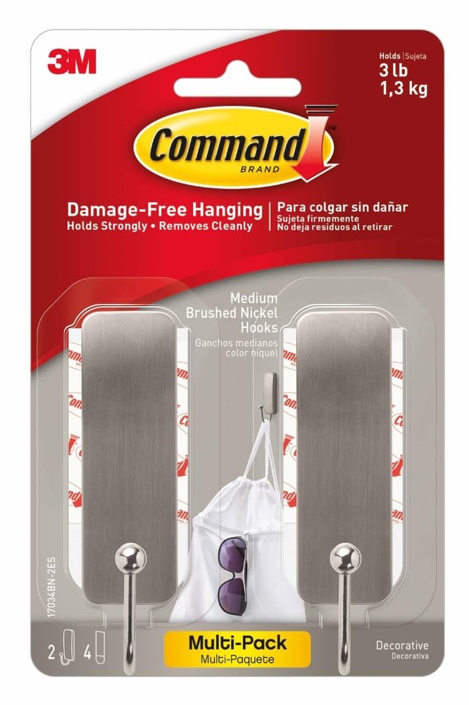Command Medium Brushed Nickel Wall Hooks, 2 Coat Hooks and 4 Command Strips,