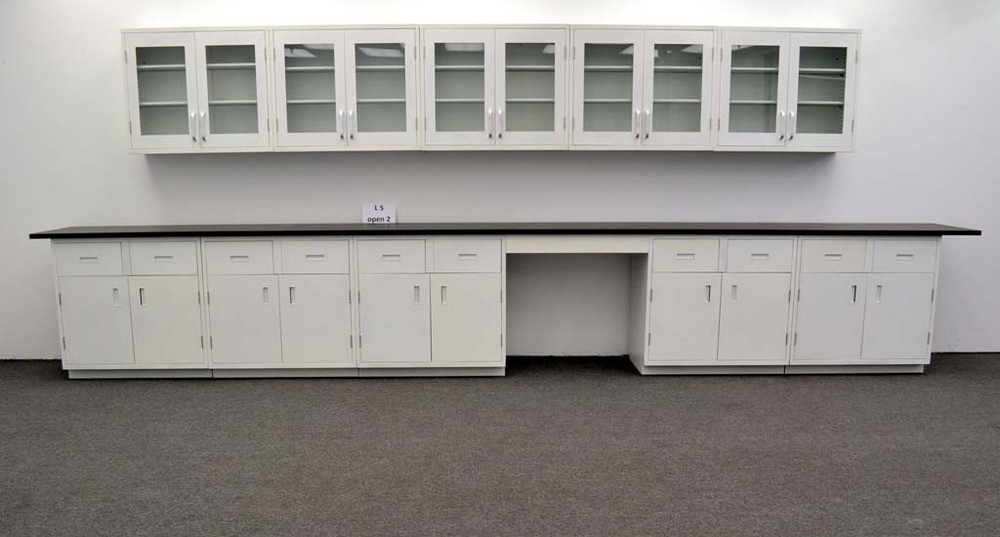 17' Base & 15' Wall Laboratory Cabinet Group w/ Tops & Bench Area / E1-185