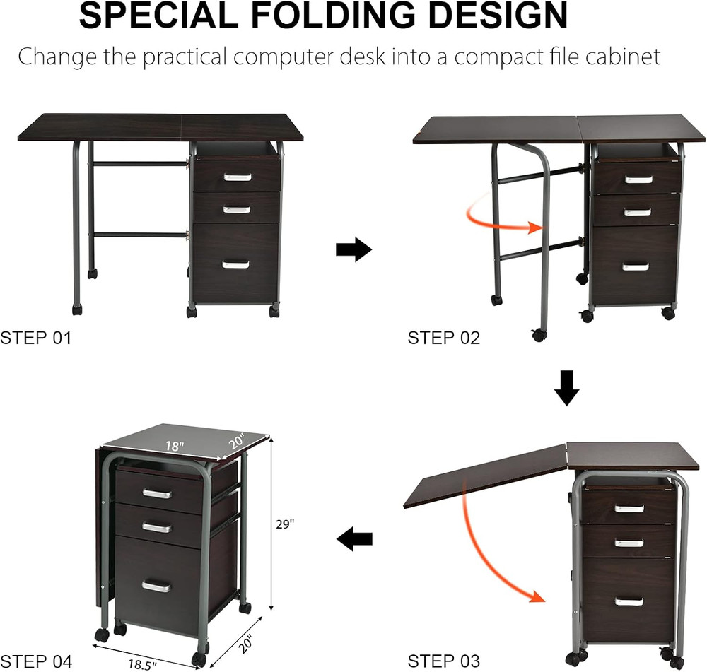 Folding Computer Desk with 3 Storage Drawers, Mobile Home Office Desk Study Writ