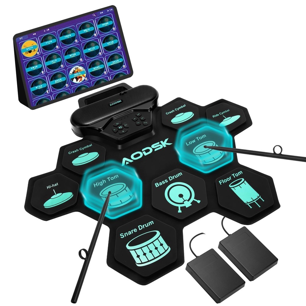 AODSK Electronic Drum Set,9 Practice Pad with Headphone Jack,Roll-up Machine ...