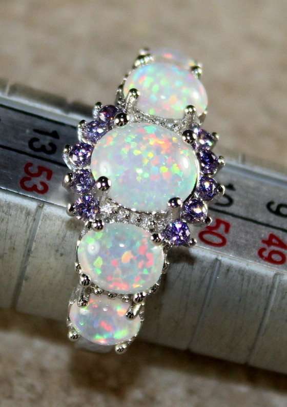 SILVER Elegant White Fire Opal & Purple Amethyst Ring Size 7, WR41601