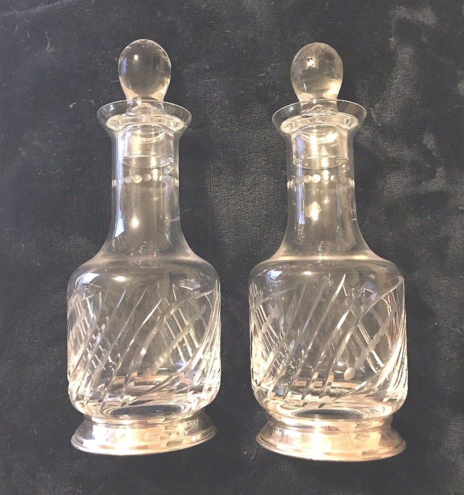 Antique Pair Of Crystal Decanters With Silver Bases