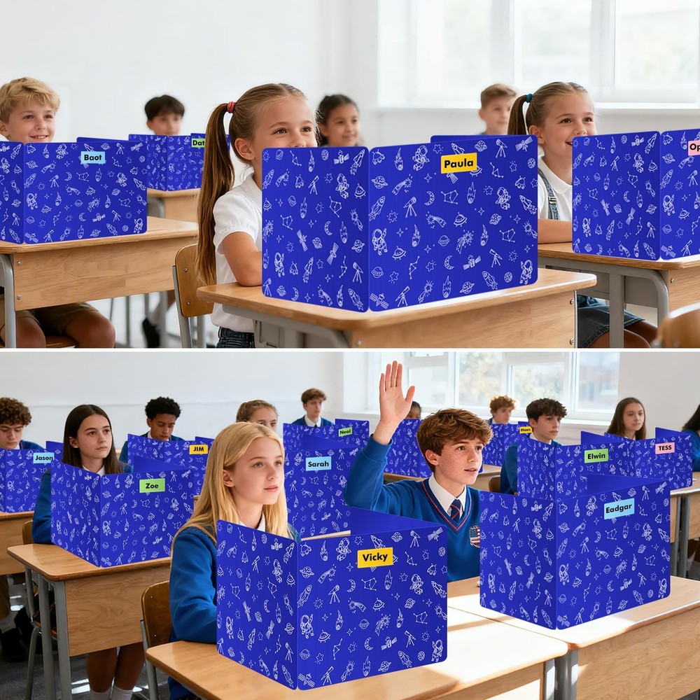 Blue 24-Pack Desk Dividers for Students, Space Style Plastic Study Carrel Div...