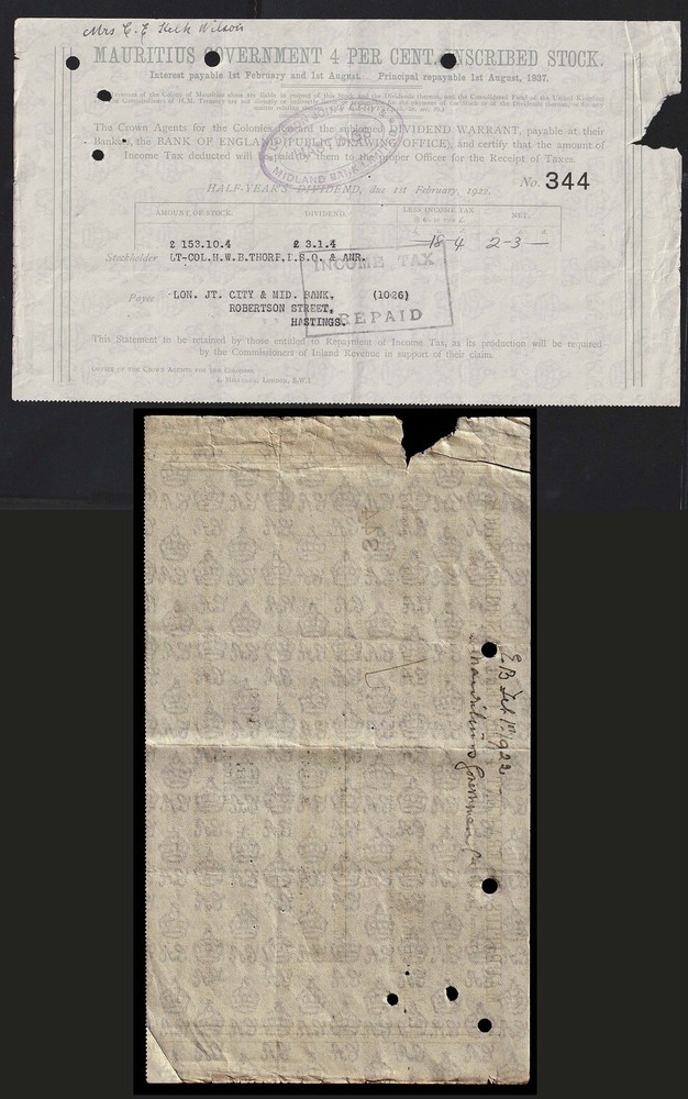1922 Wmk MULTIPLE CROWN SCRIPT CA stamp paper, MAURITIUS 4% GOVT STOCK receipt