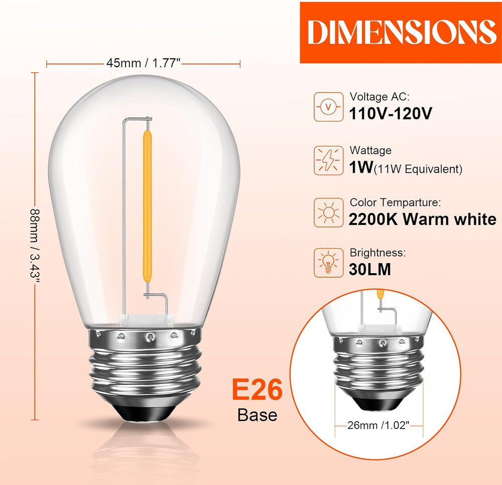 48 Pack Shatterproof LED Replacement Bulbs for Outdoor String Lights, S14 Edison