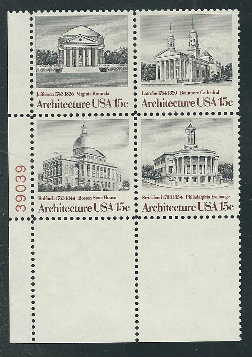 Scott #1779/82.. 15 Cent...Architecture...2 Plate Blocks