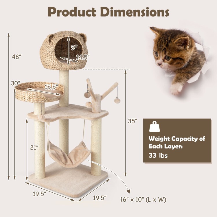 Cat Tree Cat Tower Scratching Post Cat Condo w/Hammock & Rotatable Hanging Balls