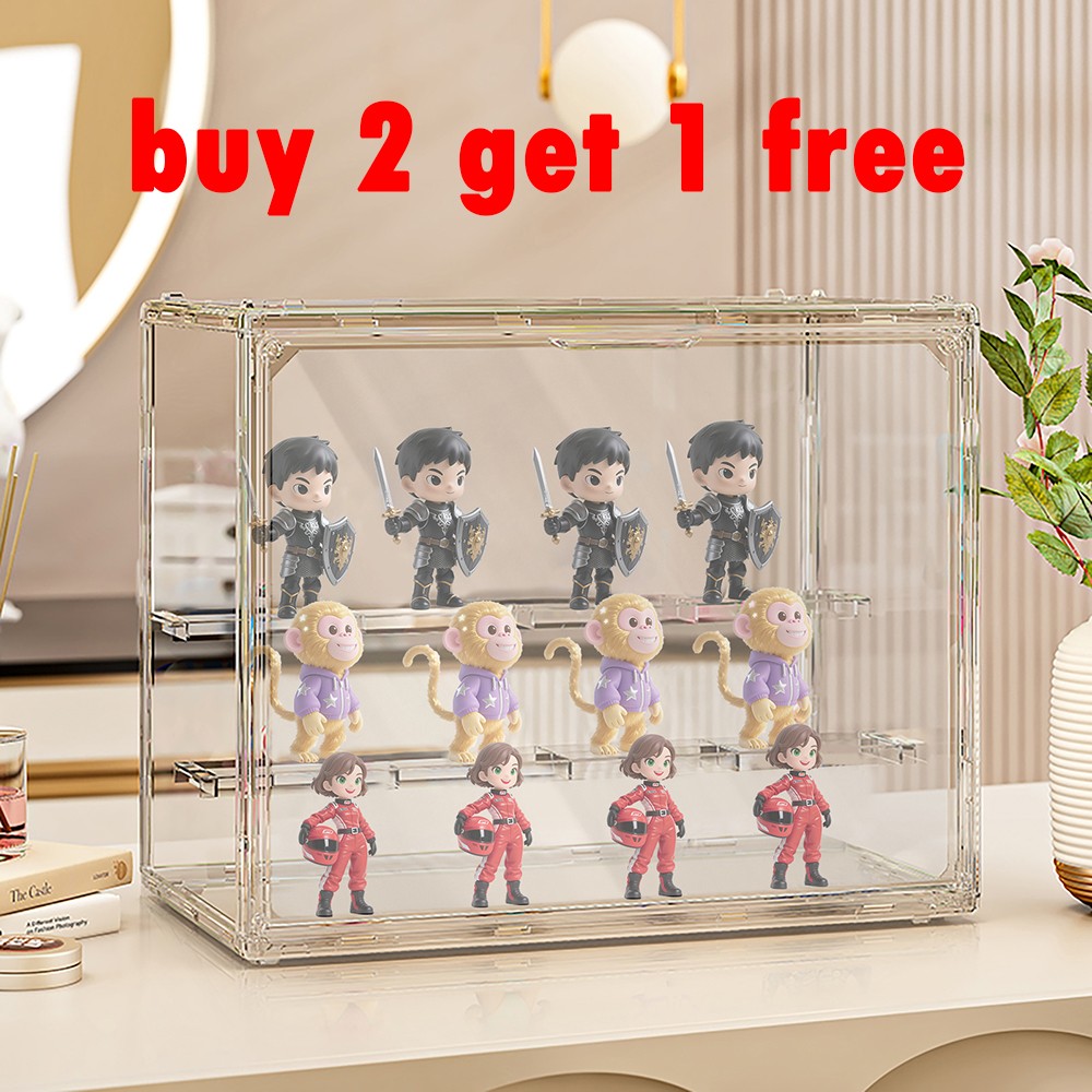 Clear Acrylic 3 Tier Figure Display Case with 2 Movable Plates Stackable Show