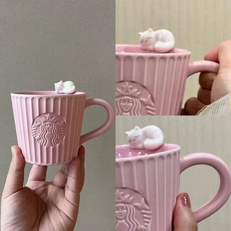 Starbucks Cup Pink Three-dimensional Cat Ceramic Cup Office Desktop Drinking Cup