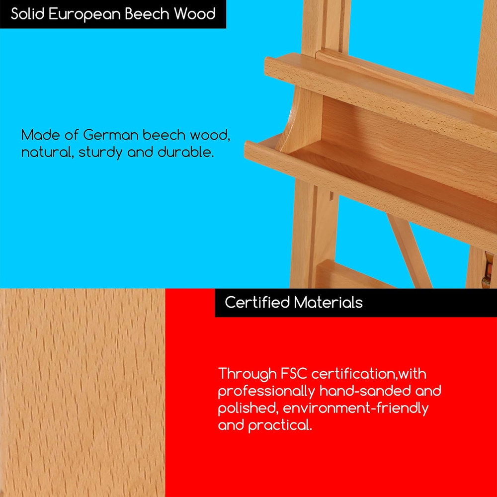 Large Studio H-Frame Beech Wood Artist Easel - Adjustable Movable Tilting Easel,