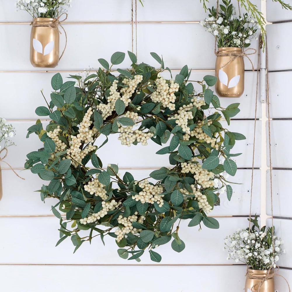 Durable 18" Spring Wreath with Eucalyptus & White Berries for -Round Charm