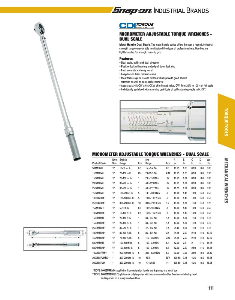 3/8" Drive 5-75 ft. lb. Dual Scale Micrometer Adjustable Torque Wrench -CDI