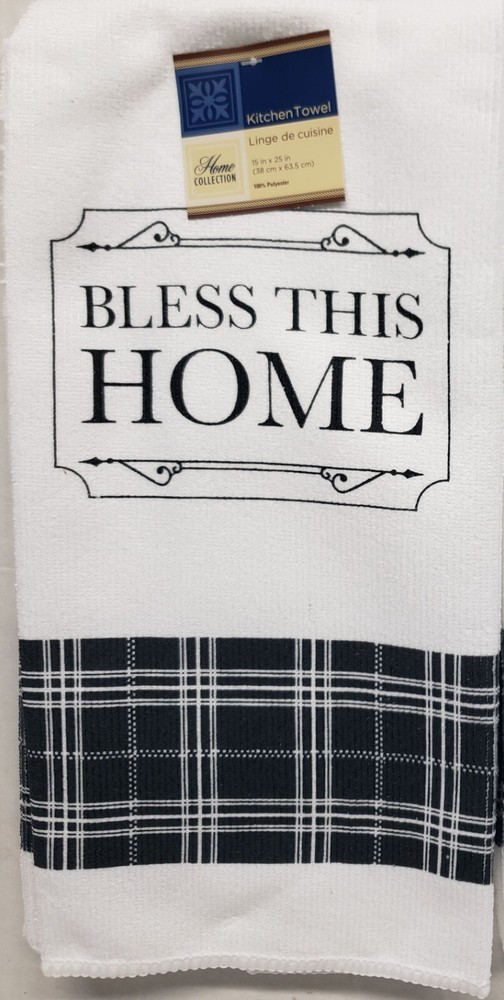2 Same Microfiber Kitchen Towels (15" x 25") BLESS THIS HOME, BLACK & WHITE, GR
