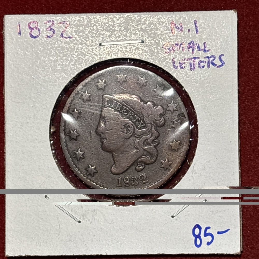 1832 Coronet Head Large Cent, Medium Letters, N-1