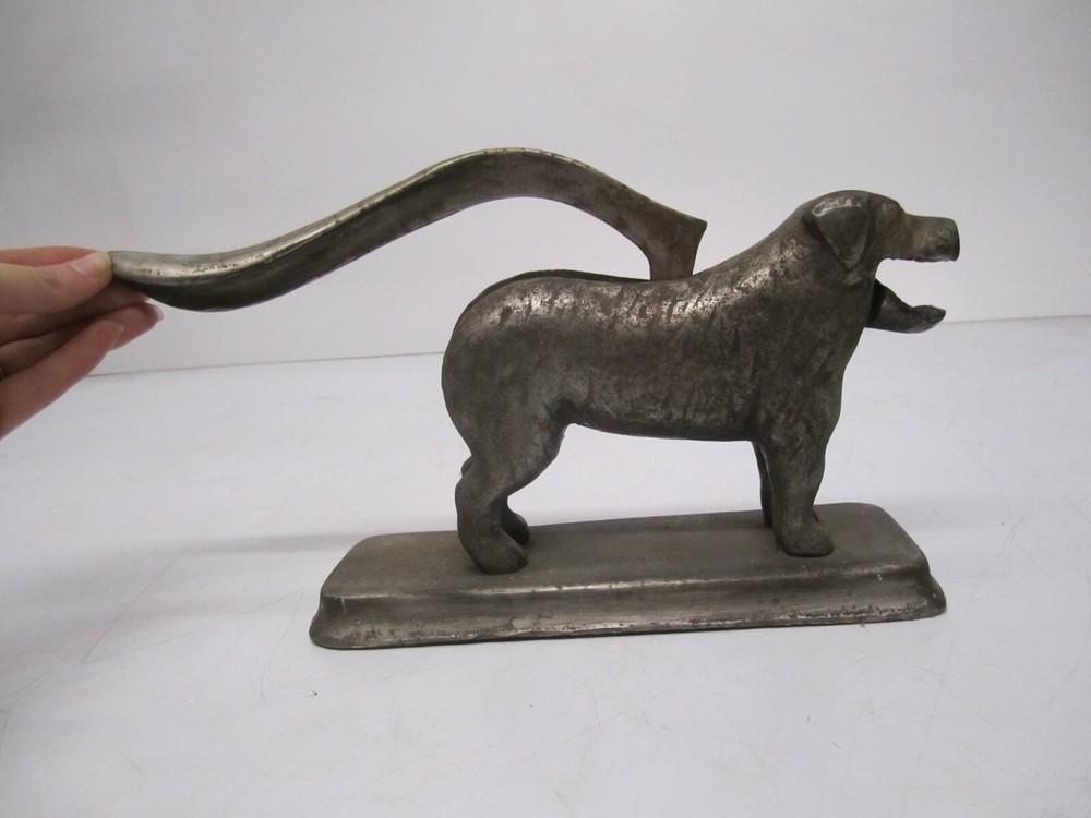 Vtg Antique Cast Iron 12" Heavy Mechanical Dog Nutcracker Statue Tail Handle