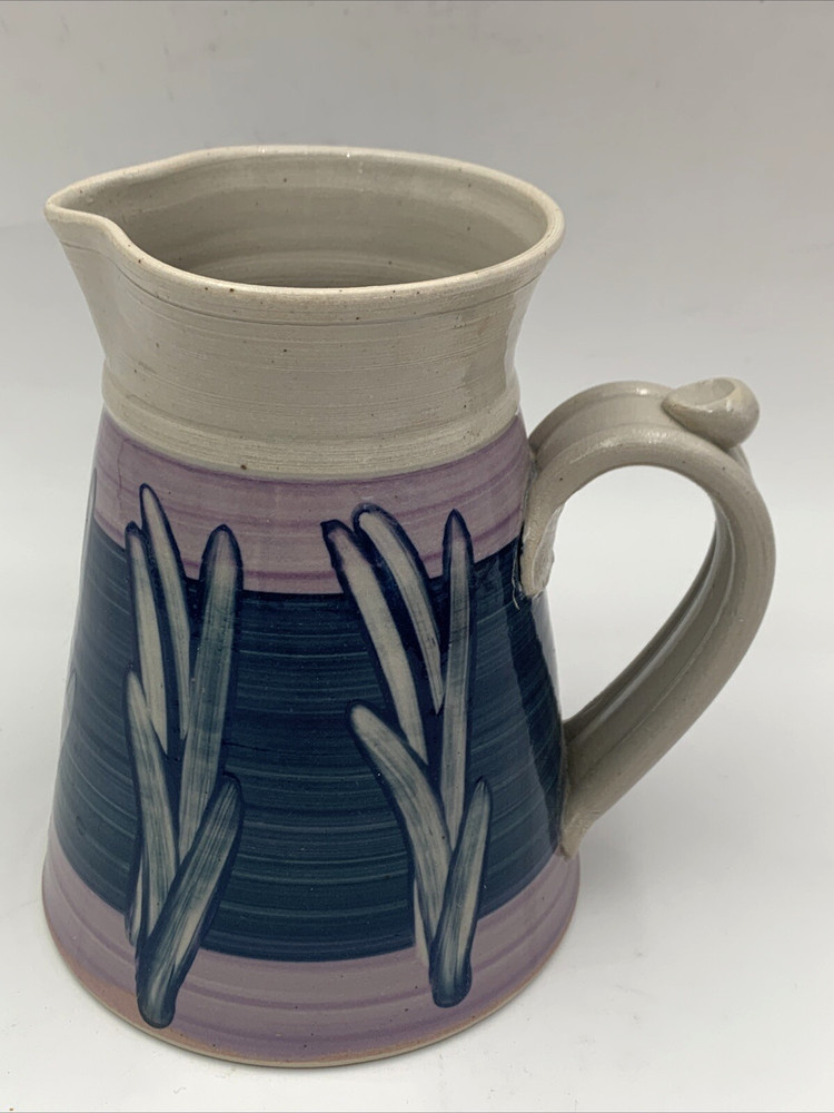 Hand Made Hand painted Pottery Pitcher Signed WP Blue Lavender White  Leaves