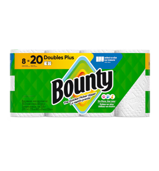 Bounty Select-A-Size Paper Towels 8 Double Plus Rolls White 2X Absorbent